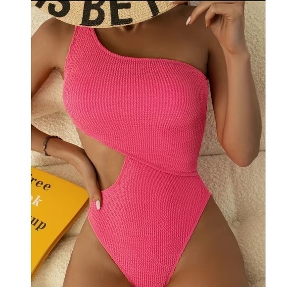 One Shoulder Rib Knit Cut Out Swimsuit, High Stretch One Piece Bathing Suit - Picture 1 of 9